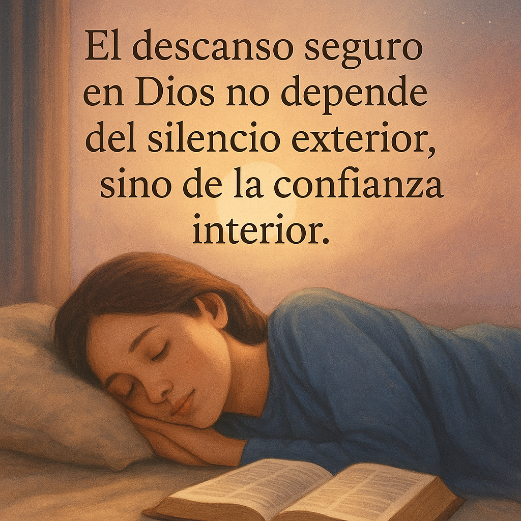 Mujer descansando con paz junto a una Biblia abierta, iluminada por luz de luna cálida, con la frase “El descanso seguro en Dios no depende del silencio exterior, sino de la confianza interior”.