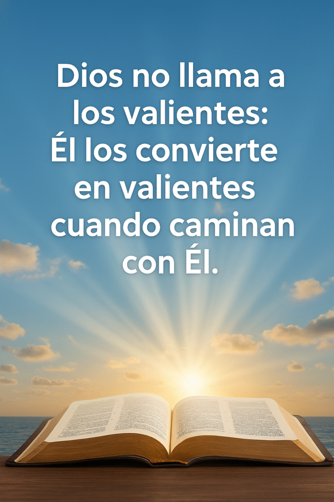 valiente con Dios – frase motivacional cristiana con fondo de montaña
