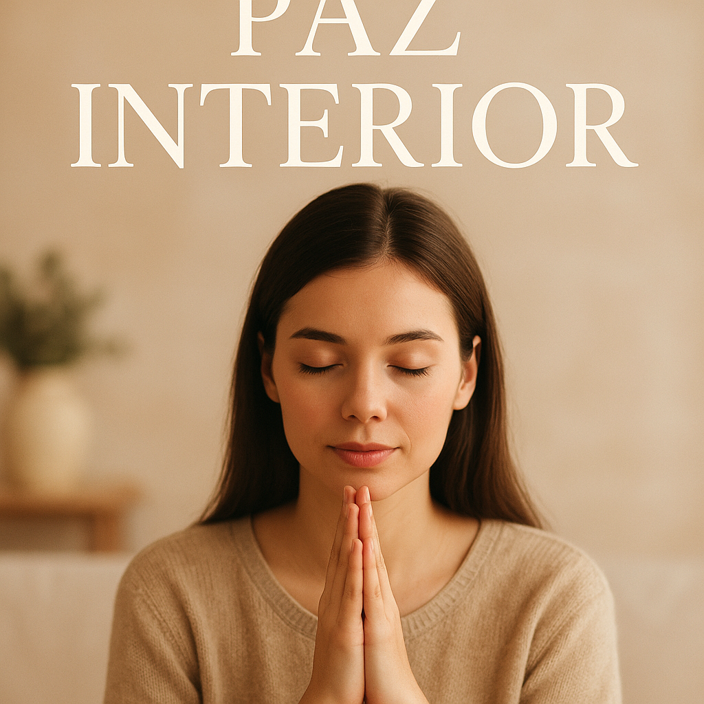 Mujer orando con calma, imagen representando paz interior con fondo suave.