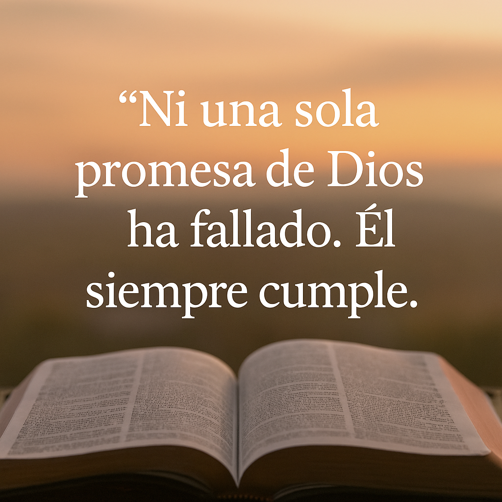 Biblia abierta al atardecer con la frase: 'Ni una sola promesa de Dios ha fallado. Él siempre cumple.' sobre un fondo cálido y sereno