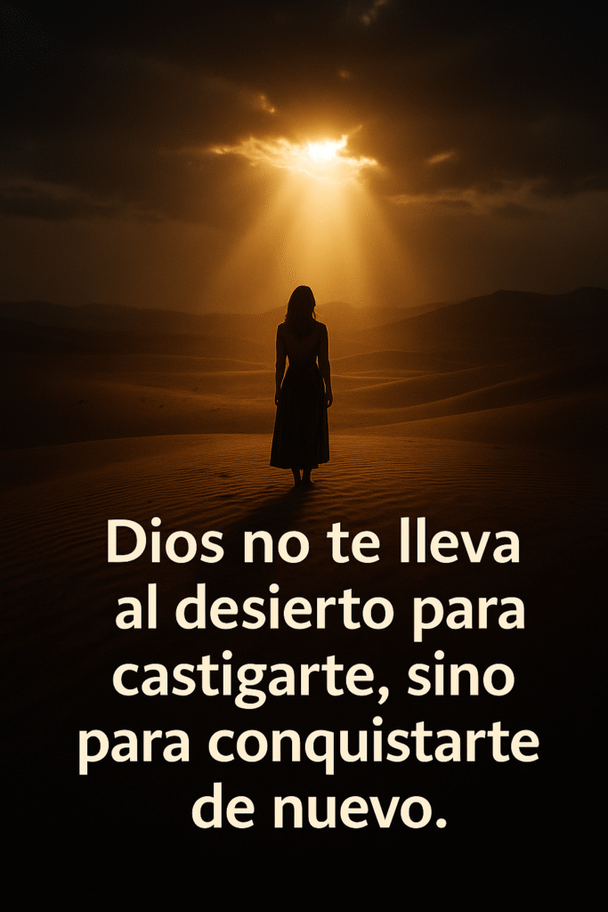 “Oseas 2:14 representado en una imagen de una mujer sola en el desierto al amanecer, iluminada por un rayo de luz celestial, simbolizando el encuentro íntimo con Dios.”