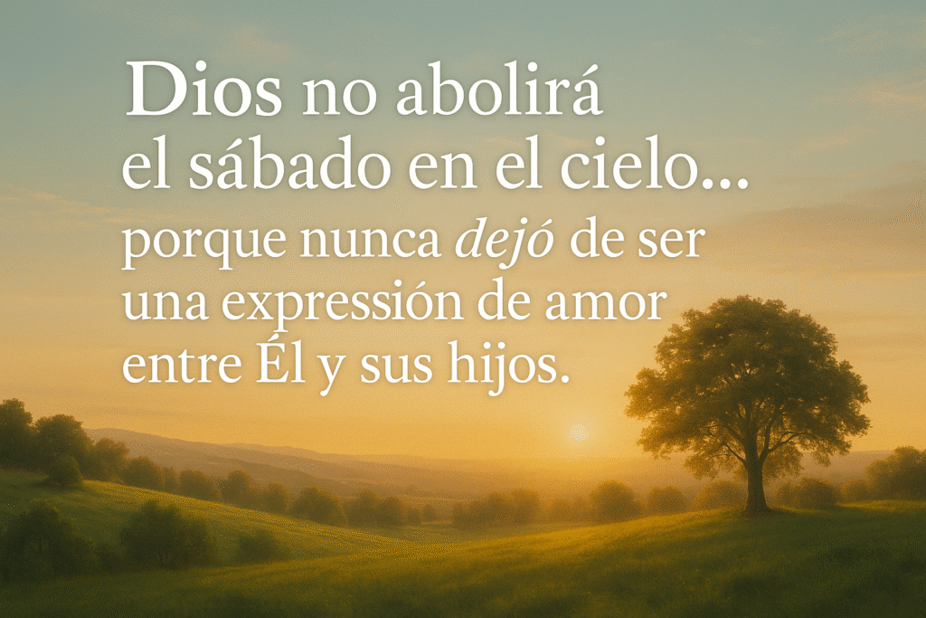 Imagen del sábado eterno en la nueva tierra con la frase: “Dios no abolirá el sábado en el cielo… porque nunca dejó de ser una expresión de amor entre Él y sus hijos.”
