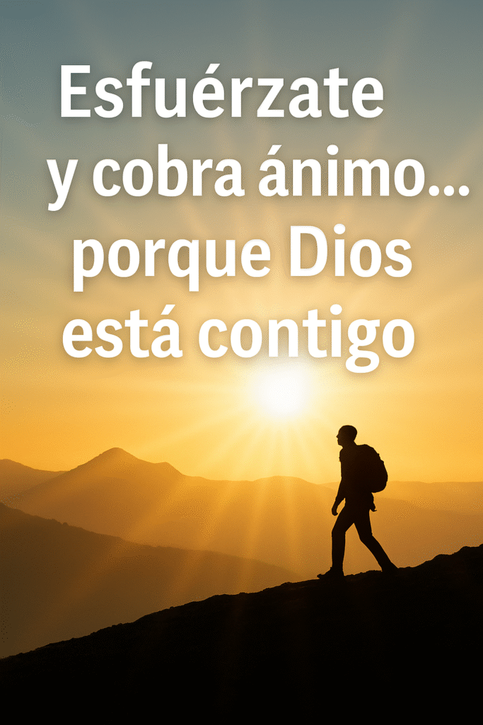 Esfuérzate y cobra ánimo – promesa de Dios en 1 Crónicas 28:20, imagen motivacional con silueta de caminante al amanecer