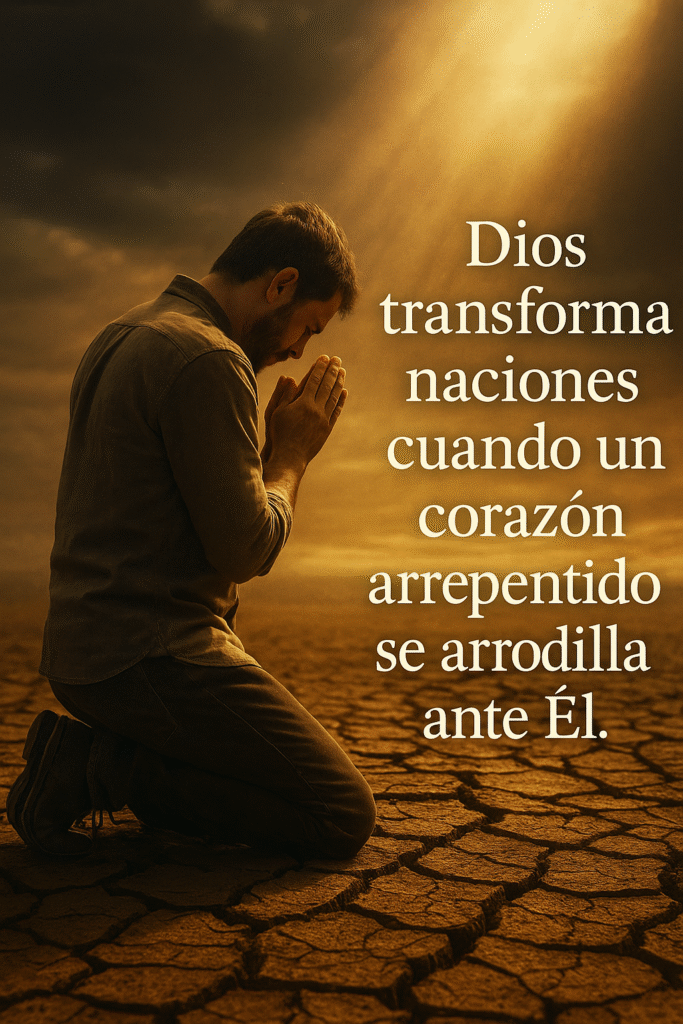 alt="Imagen representativa de la frase 'Dios transforma naciones cuando un corazón arrepentido se arrodilla ante Él' con la palabra clave poder del arrepentimiento