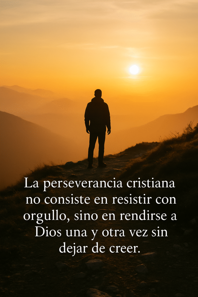 Imagen con frase sobre la perseverancia cristiana representando una figura firme en el camino al amanecer
