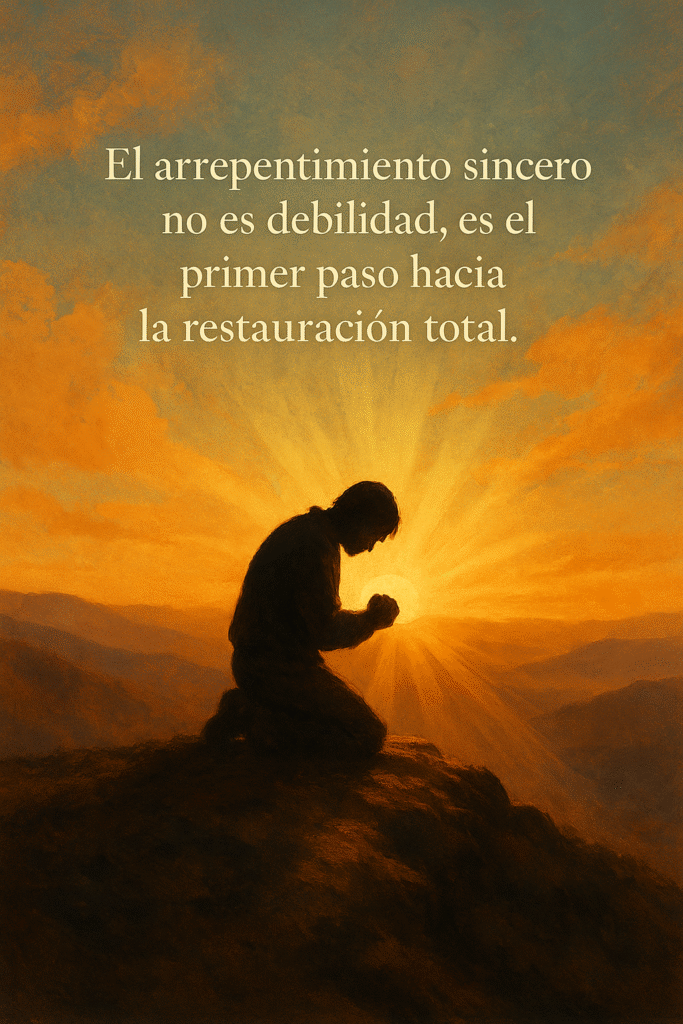 Imagen con frase sobre arrepentimiento sincero representando restauración espiritual al amanecer