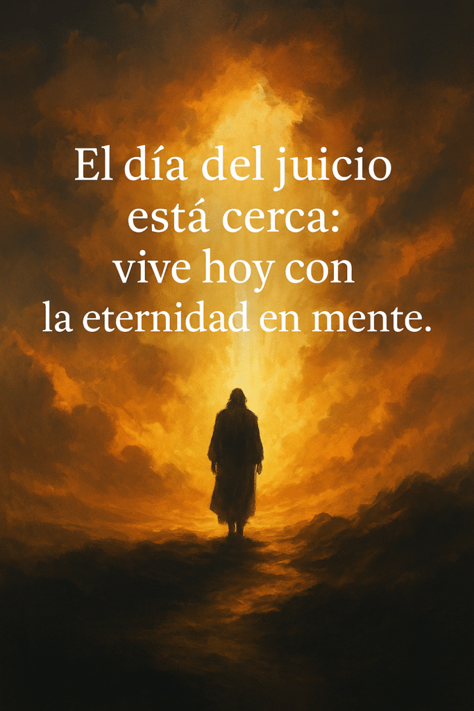 Imagen simbólica del día del juicio con la frase destacada: El día del juicio está cerca, vive hoy con la eternidad en mente.