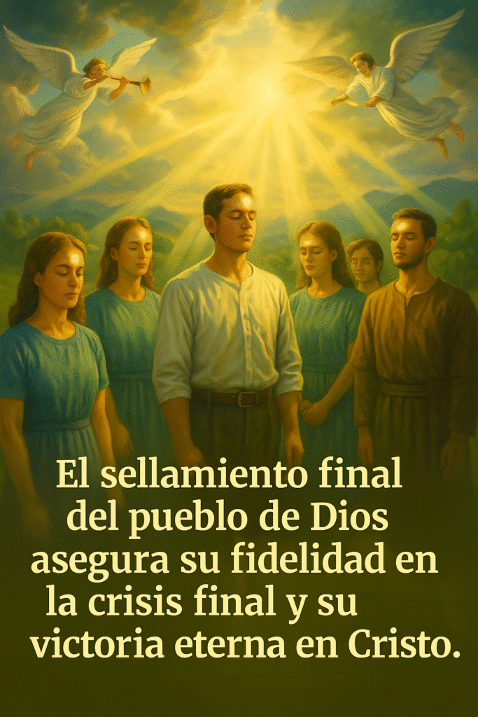Ilustración bíblica de Apocalipsis 7: ángeles deteniendo los cuatro vientos mientras creyentes de pie y reverentes reciben un resplandor dorado en la frente como símbolo del sello divino. Rayos de luz celestial descienden en un ambiente solemne y esperanzador. Texto integrado: ‘El sellamiento final del pueblo de Dios asegura su fidelidad en la crisis final y su victoria eterna en Cristo
