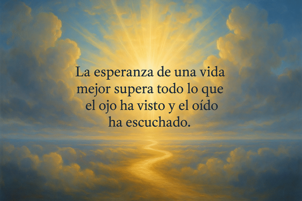 Imagen cristiana con frase destacada sobre la esperanza de una vida mejor en Cristo, basada en 1 Corintios 2:9, con cielo abierto y luz de esperanza.