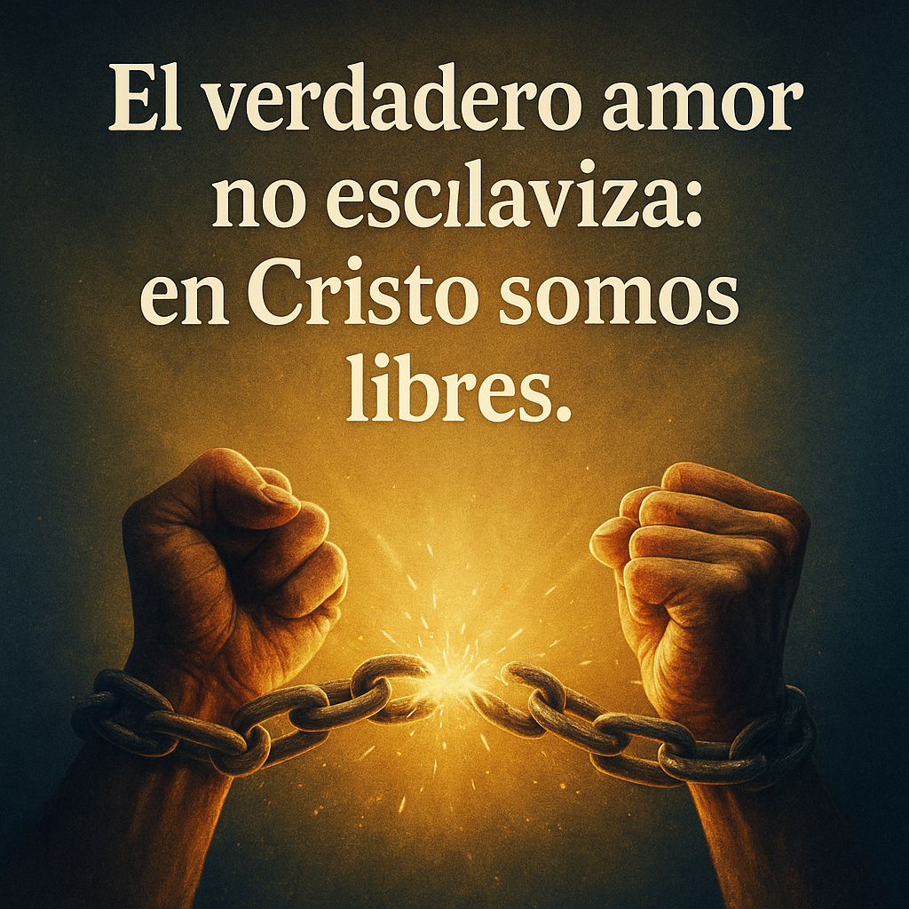Ilustración cristiana de dos manos rompiendo cadenas brillantes bajo una luz dorada, simbolizando la libertad en Cristo frente a la codependencia