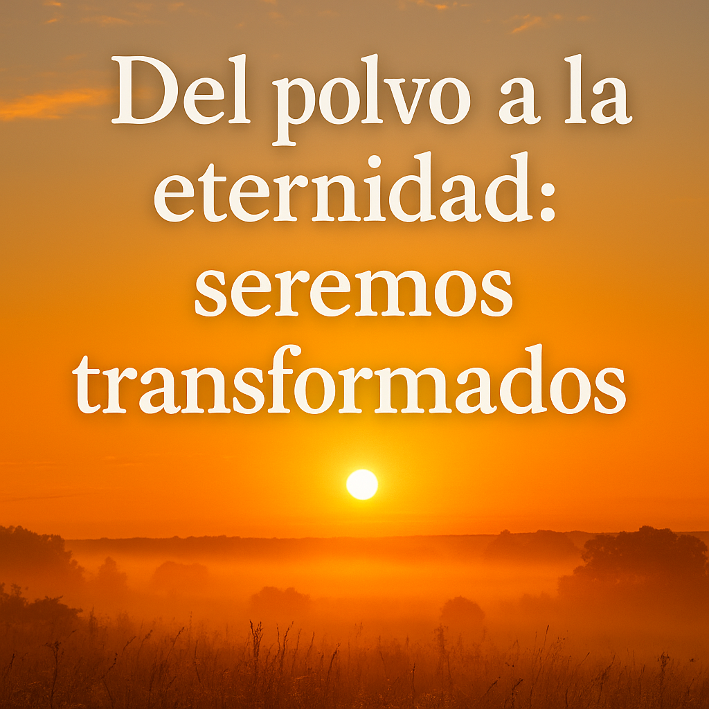 Imagen cristiana al amanecer con luz dorada que representa la victoria de la vida sobre la muerte. Frase: “Seremos transformados, y en un abrir y cerrar de ojos la muerte será vencida por la eternidad.”