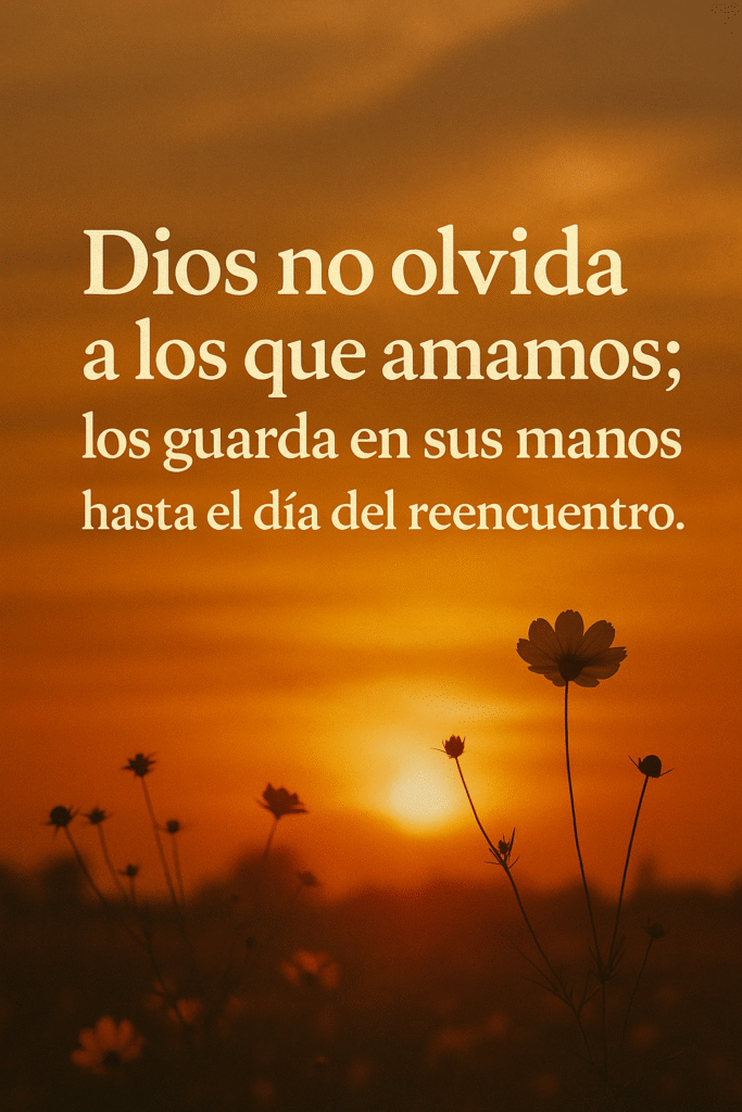 Imagen cristiana con luz cálida que representa la esperanza después de la muerte. Frase: Dios no olvida a los que amamos, los guarda en sus manos hasta el reencuentro.”