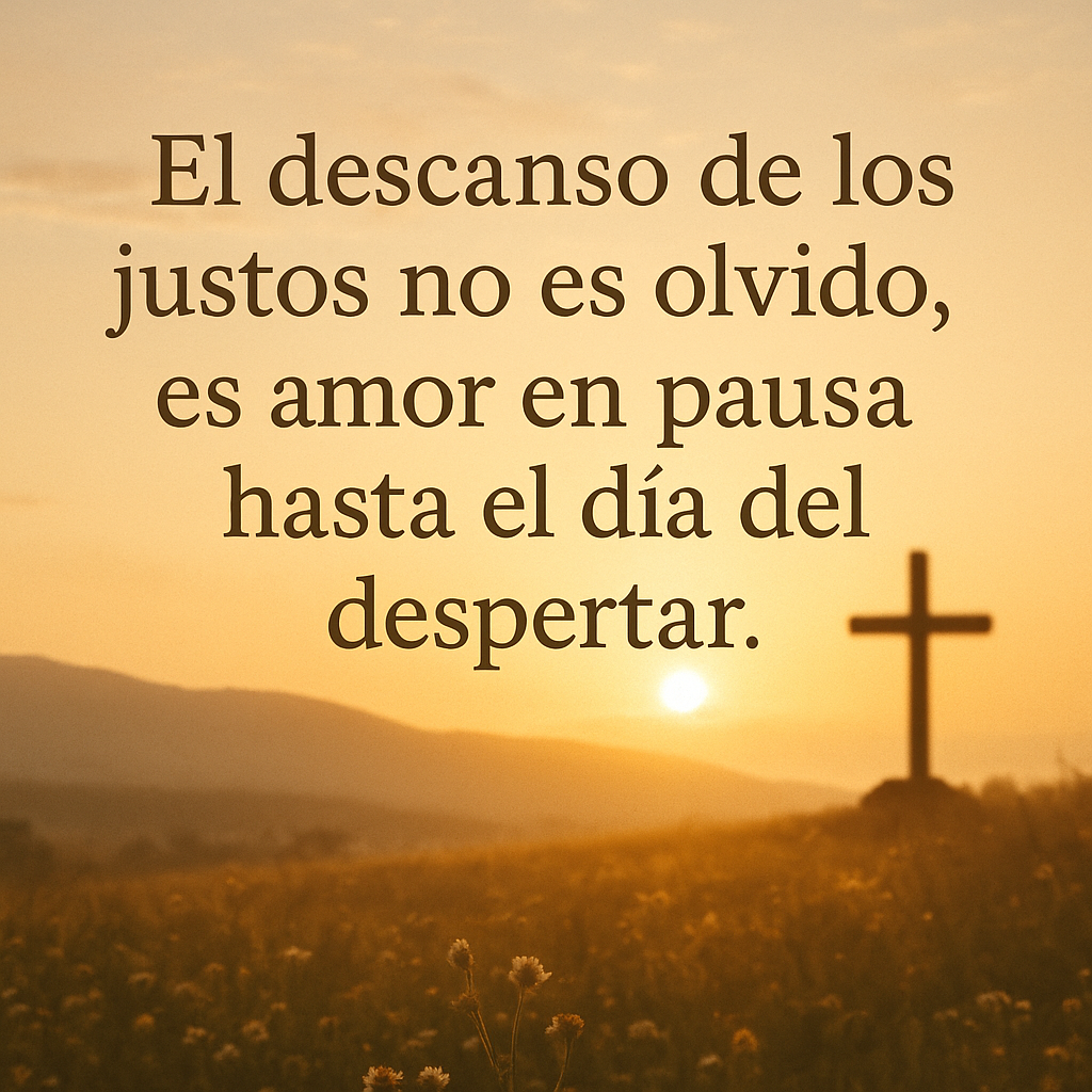 Imagen cristiana al amanecer que representa el descanso de los justos. Frase: “El descanso de los justos no es olvido, es amor en pausa hasta el día del despertar.”