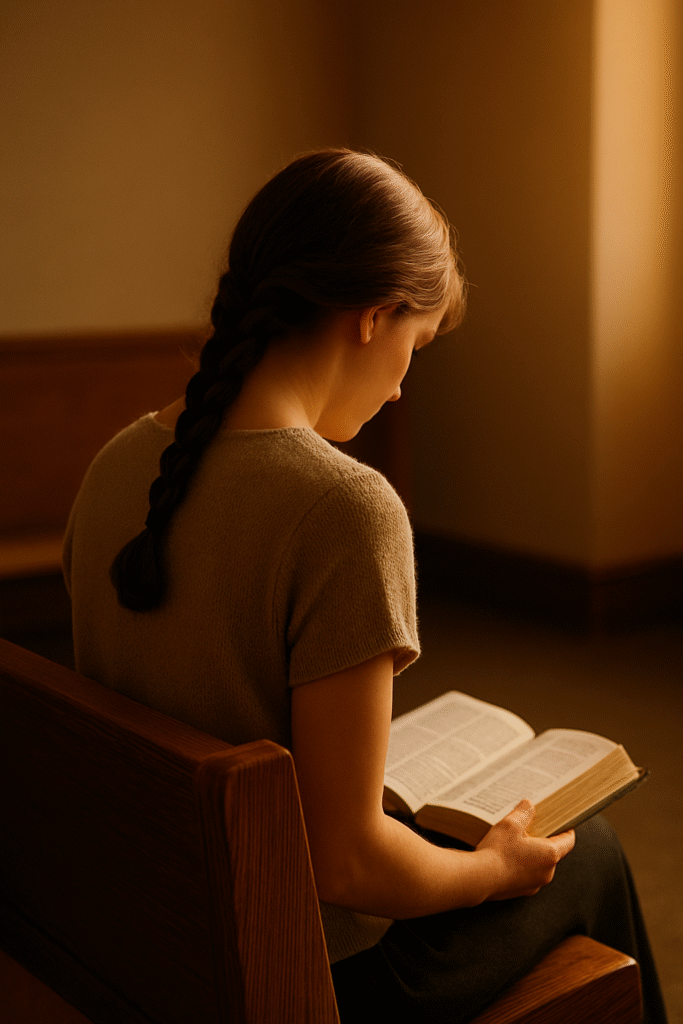 Mujer sentada con Biblia en las manos bajo luz cálida, simbolizando que Dios viste de fuerza y honor a la mujer que está cansada.
