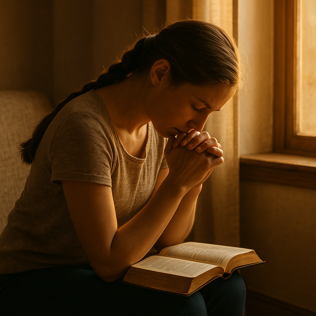 mujer orando con la Biblia representando que obedecer a Dios es amarle con todo el corazón
