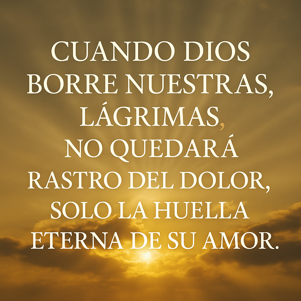 Imagen cristiana con luz celestial y tonos dorados que representa el consuelo y la esperanza eterna. Frase: “Cuando Dios borre nuestras lágrimas, no quedará rastro del dolor, solo la huella eterna de su amor.”