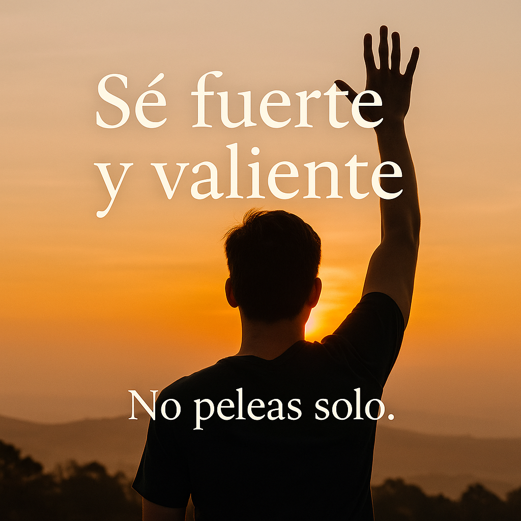 Joven cristiano con la mano levantada al amanecer, acompañado por la frase Sé fuerte y valiente, recordando la promesa de Josué 1:9 de que Dios está contigo.