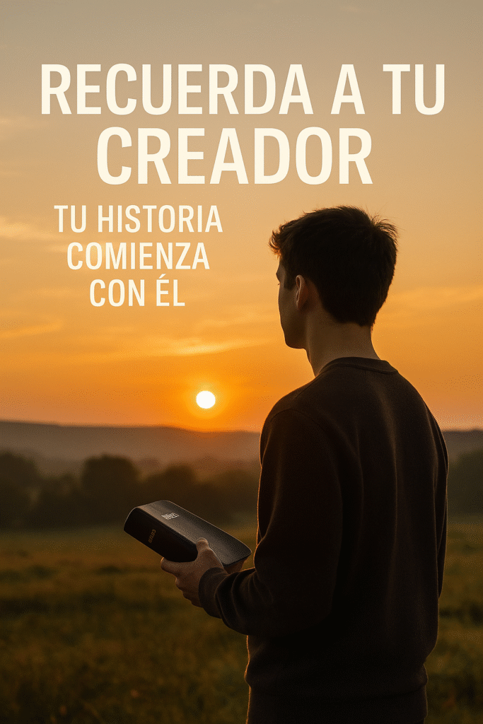 oven sosteniendo una Biblia al amanecer, contemplando el cielo mientras reflexiona sobre su propósito espiritual, representando el llamado bíblico de recuerda a tu Creador según Eclesiastés 12:1.