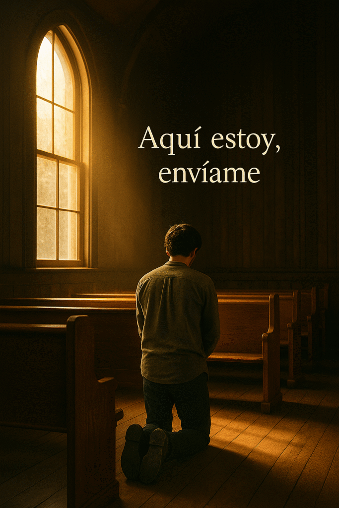 Interior de templo de madera iluminado por luz dorada, simbolizando la presencia de Dios, con la frase aquí estoy envíame.
