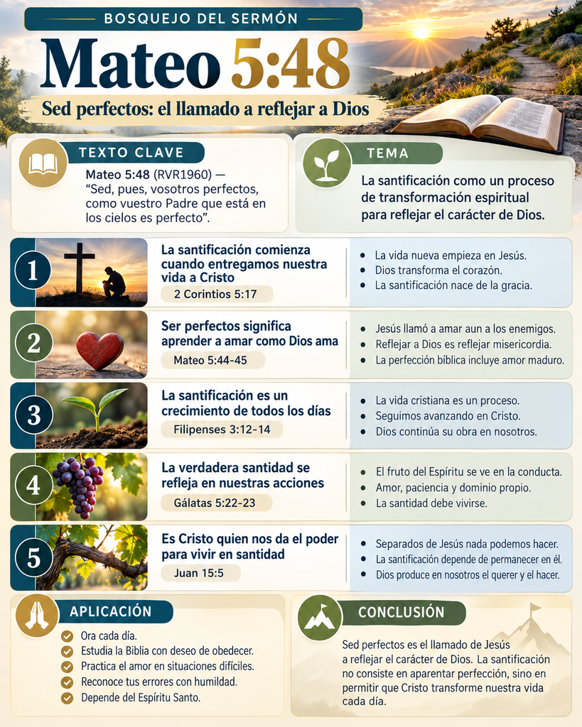 Sed perfectos, sermón de Mateo 5:48 sobre la santificación y el llamado a reflejar el carácter de Dios.