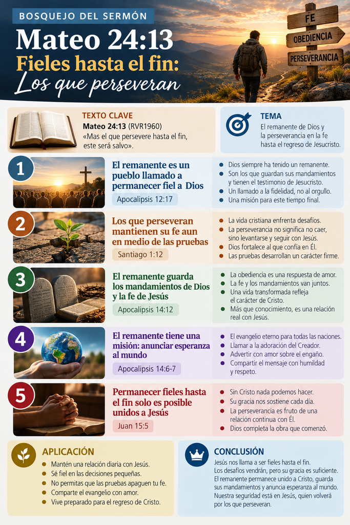 Fieles hasta el fin, bosquejo del sermón de Mateo 24:13 sobre el remanente de Dios y la perseverancia cristiana.