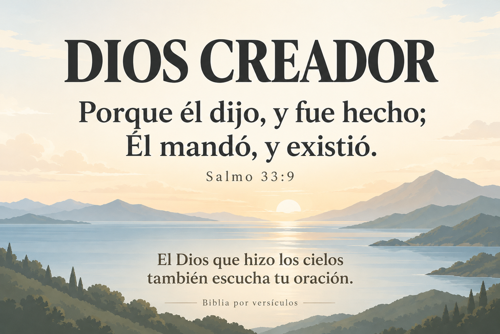 Ilustración del cielo, montañas y mar que recuerda las obras de Dios creador.