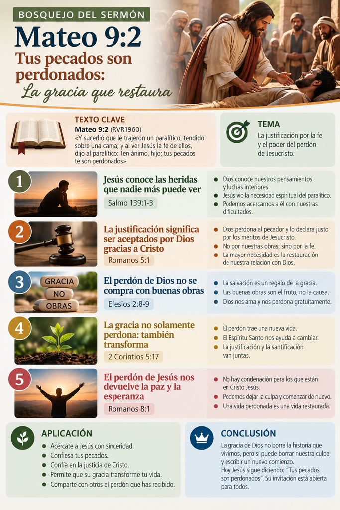 Jesús perdona los pecados del paralítico en Mateo 9:2, representando la justificación por la fe y la gracia que restaura.