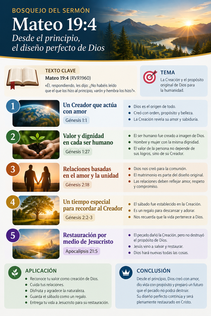 El diseño perfecto de Dios desde la Creación, sermón bíblico de Mateo 19:4 sobre el propósito del Creador.